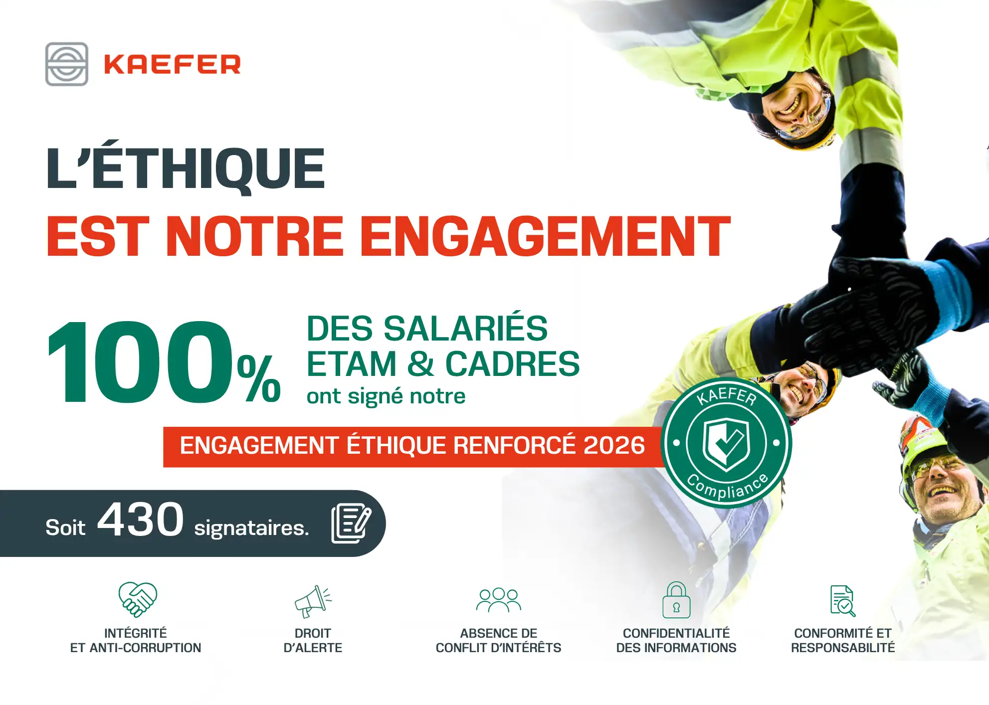 KAEFER : 100 % des salariés ETAM et cadres ont signé l’engagement éthique renforcé 2026, soit 430 signataires.